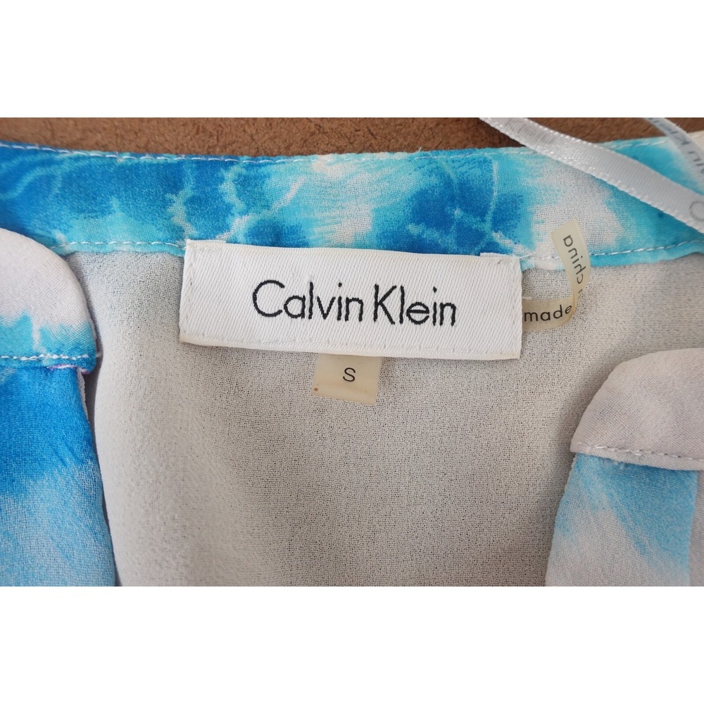 Calvin Klein Womens Small Colorful Tie Dye Chiffon Pleated 3/4 Sleeve V Neck Top - Picture 2 of 9